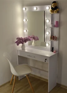 Стильний туалетний столик Dzerkalko – ідеальне рішення для облаштування гардеробної або спальні. Виконаний з якісних матеріалів, він поєднує в собі сучасний дизайн і практичність. Модель СМ38 | Білий