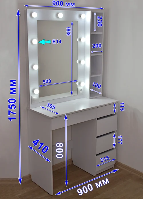 Білий туалетний столик з дзеркалом і поличками та ящиками. Модель СМ 44. Розміри та габарити. Виробник Dzerkalko