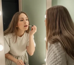 Жінка наносить блиск для губ, дивлячись у дзеркало з підсвічуванням. Dzerkalko.com