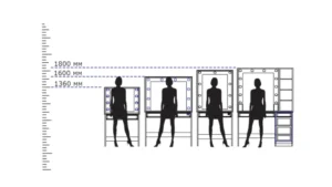 Схема, як обрати туалетний столик по висоті. Висота дзеркал та зріст людини.