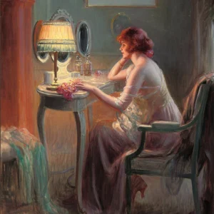 Відображення при світлі лампи. Художник: Дельфен Анжольра. Французький художник. Жінка сидить за туалетним столиком з увімкненою лампою.