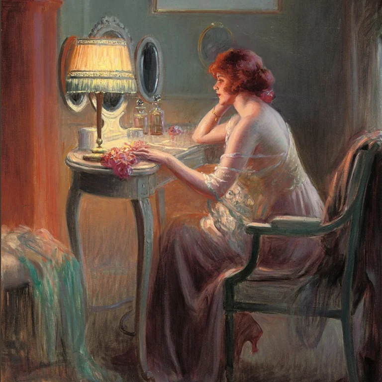 Відображення при світлі лампи. Художник: Дельфен Анжольра. Французький художник. Жінка сидить за туалетним столиком з увімкненою лампою.