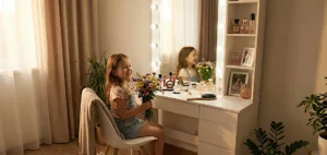 Ідеальний подарунок дівчині на 8 Березня – білий туалетний столик з дзеркалом та квітами.