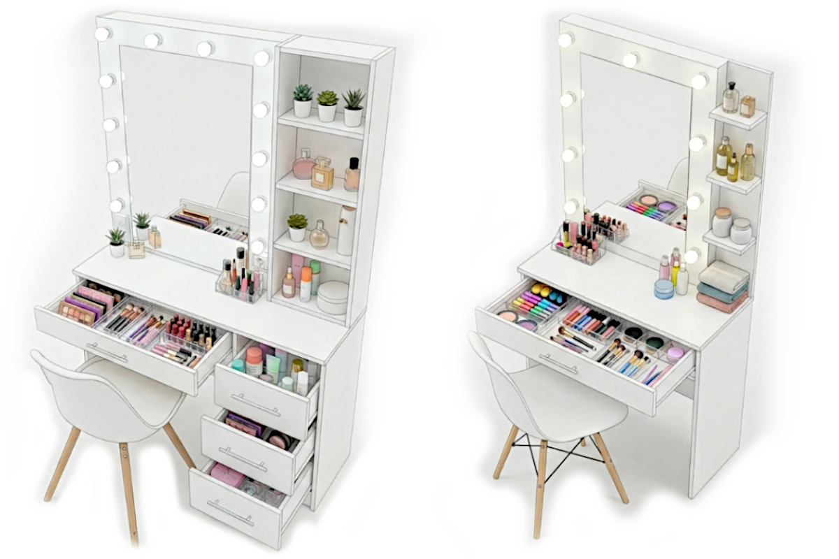 Туалетні столикию Схема з відкритими шухлядами. на поличках складено косметичне приладдя